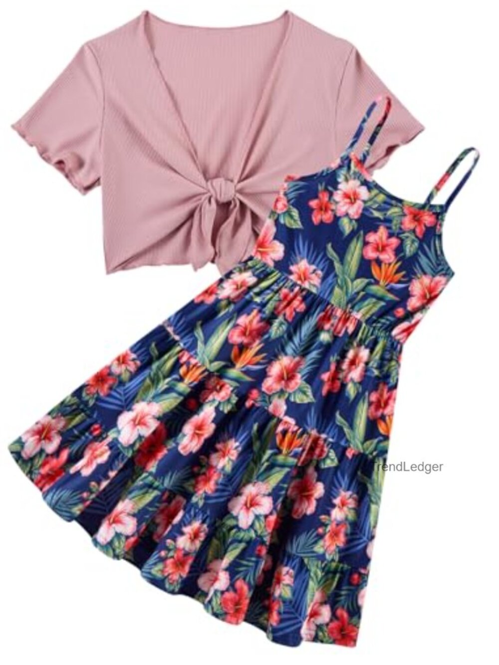 Girls 2 Piece Dress Set Cami Sundress Knot Front Cardigan Sleeveless
